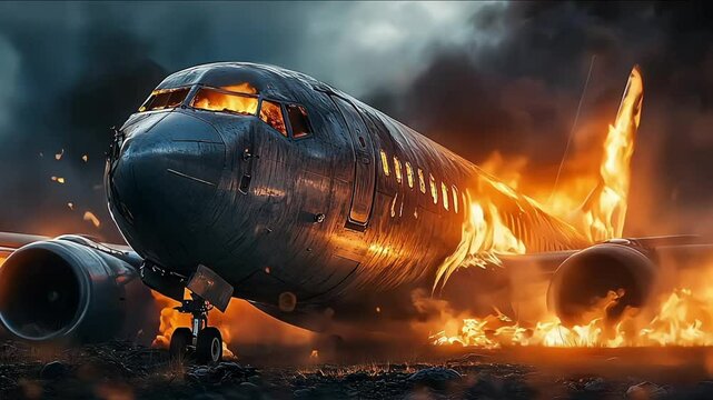 A passenger plane crashed and caught fire in a field, copy space. Concept of airplane crash, crash