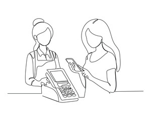 A cashier and a customer at a checkout counter. The cashier operates the register while the customer holds a payment card, ready to complete the transaction. Minimalistic line drawing style