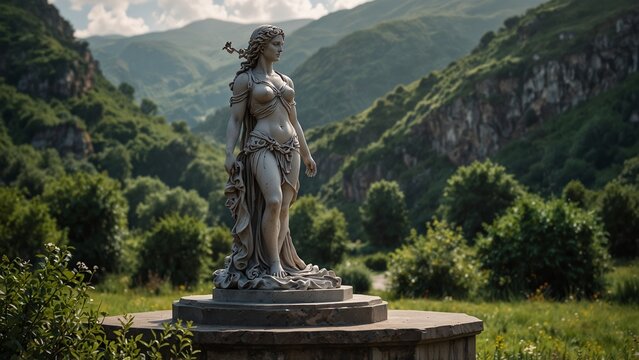 A statue of Amalthea standing by a spring, with a lush green valley as the background.