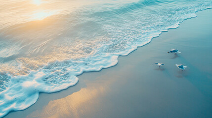 A serene beach at sunrise, with gentle waves lapping at the shore and soft pastel colors painting the sky. sunset beach with birds rin sky and yacht, summer