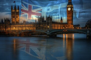 Fototapeta premium An image of London with the UK and EU flags overlaid symbolizing the process of negotiating the Brexit deal