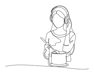 A young woman wearing headphones, stirring a pot with a spoon. The individual appears focused on cooking. The drawing is minimalistic, using simple lines to depict the scene