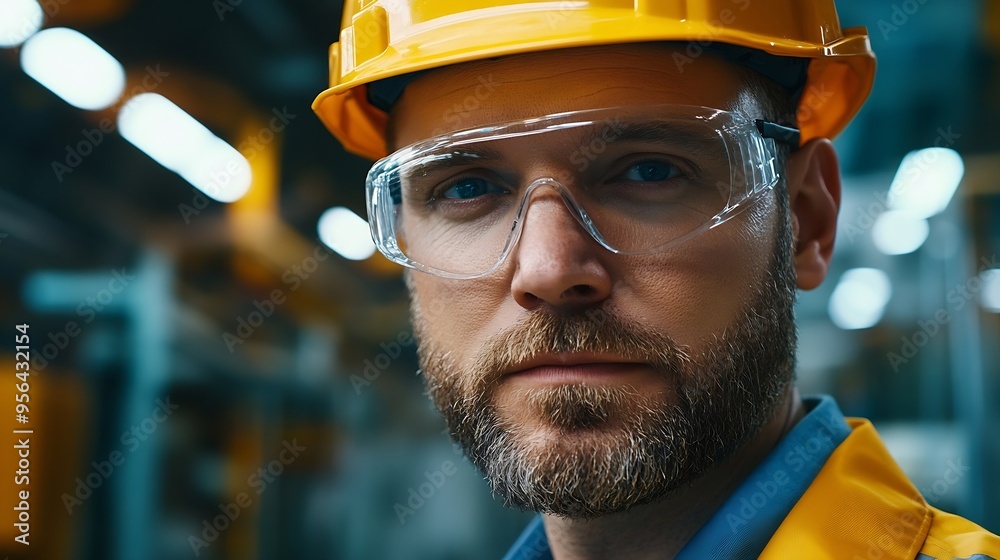 Poster professional caucasian manager engineer wearing safety hardhat is training industry worker workshop 