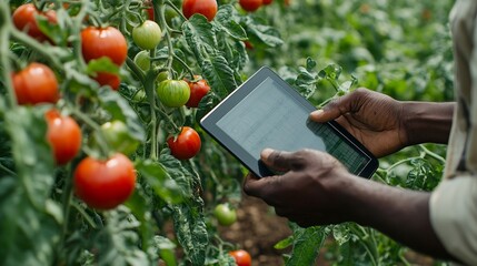 Black man tablet and tomato farming with agriculture and farmer check crops with nature harvest and inspection Male person on farm vegetable plant and sustainability growth and quality : Generative AI