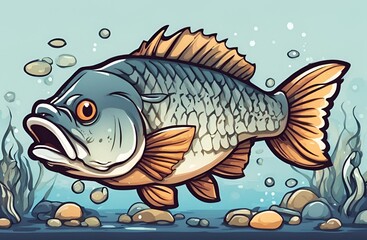 Fototapeta premium Sea bass fish swimming in the sea, showcasing its sleek body and smooth scales. The vibrant marine environment highlights the fish’s natural habitat and graceful movement. 
