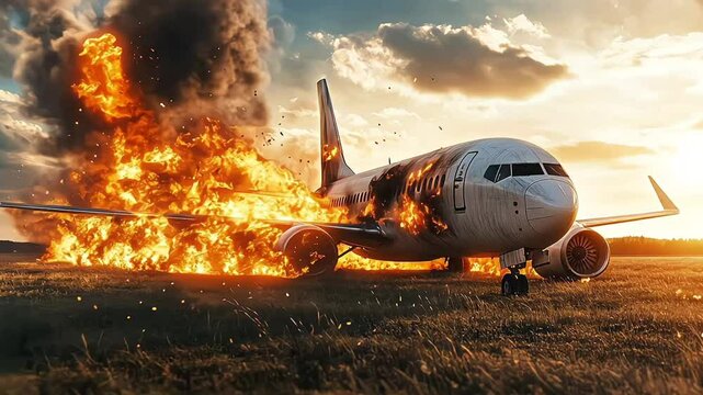 A passenger plane crashed and caught fire in a field, copy space. Concept of airplane crash, crash