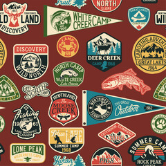 Mountain lakes outdoor discovery adventure patch and  pennant flag patchwork vintage vector seamless pattern for scarf kerchief shirt fabric wrapping carpet rug pillow tablecloth