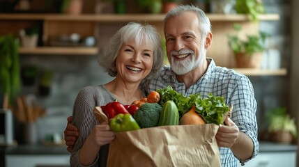 Organic Food Delivery Happy Senior Couple Unpacking Bag With Groceries In Kitchen Cheerful Elderly Spouses Holding Fresh Vegetables And Smiling Mature Husband And Wife Enjoying Healthy : Generative AI