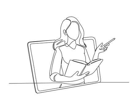 continuous line drawing of a person teaching or presenting, holding an open book, framed within a computer screen, online or virtual communication technology illustration