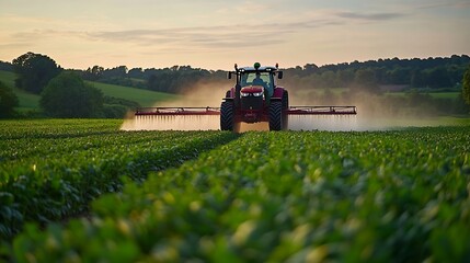 Fototapeta premium Tractor drives through a green field and sprays crops with pesticides in a farmer s field : Generative AI