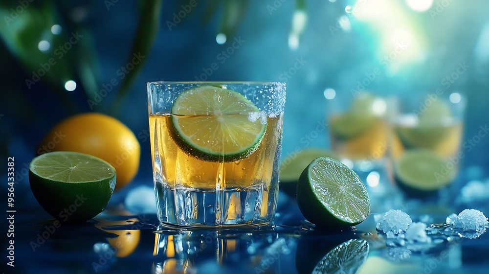 Poster tequila is poured into a glass tequila shots with lime slices and sea salt on a dark blue table : ge