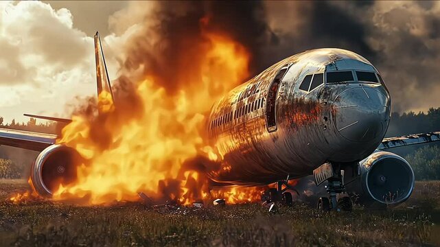 A passenger plane crashed and caught fire in a field, copy space. Concept of airplane crash, crash