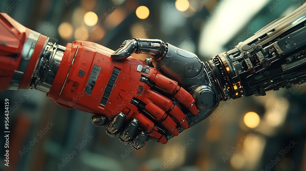 Fototapete mlb mechanized industry robot arm and business handshake double exposure concept of successful agree
