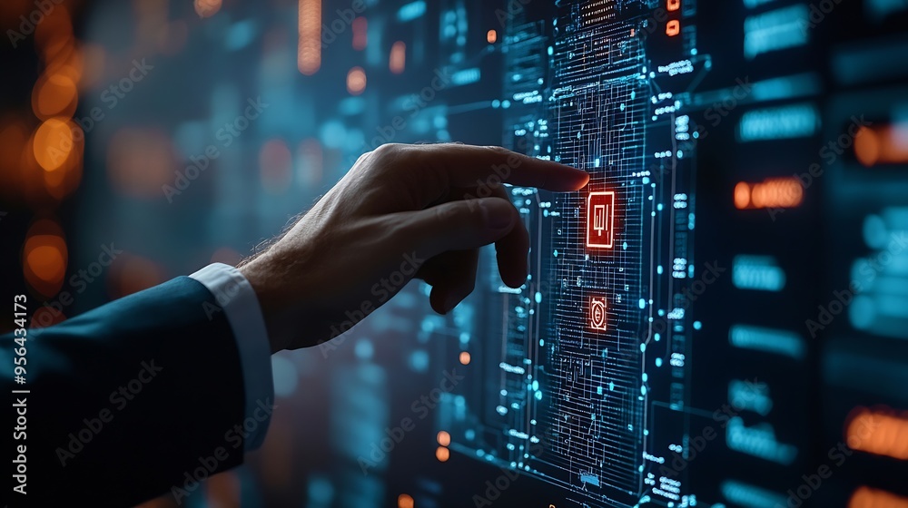 Poster Cyber security network and data protection in financial business concept Businessman managing  data and system to safeguard sensitive information from cyber threats and maintain trust  : Generative AI