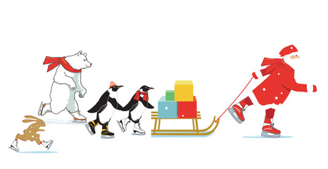 der Weihnachtsmann mit Schlitten beim Schlittschuh laufen, Illustration..eps