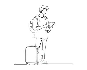 Continuous line drawing of a person standing with a backpack on one shoulder, holding a tablet or electronic device, and a piece of wheeled luggage beside them. technology and modernity of travel