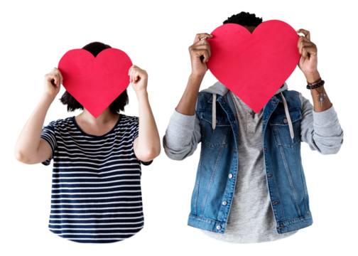 Happy couple png holding red heart icons in transparent background