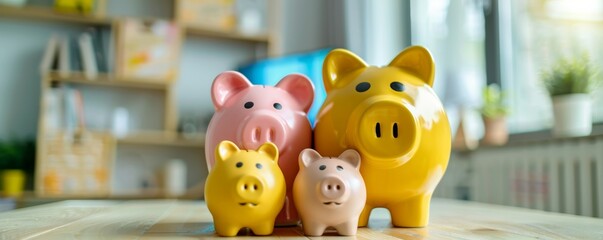 Obraz premium A colorful collection of piggy banks on a table representing savings and financial planning in a modern setting.