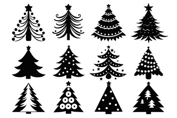 Christmas trees silhouettes set isolated on white background, collection of christmas new year trees vector icon illustration