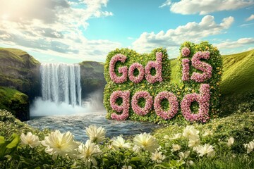 The words "God is good" are made of flowers and grass, with a waterfall and green fields in the background.
