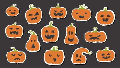 Set of Halloween pumpkins stickers with different emotions. Halloween concept. Halloween pumpkins.