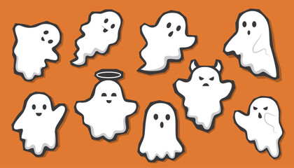 Set of Halloween ghosts stickers with different emotions. Halloween concept. Halloween ghosts.