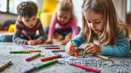 Three children are engrossed in drawing on a large sheet of paper. They are using crayons and their expressions are focused and happy.