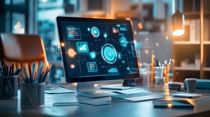 Modern Workspace with Futuristic Interface on Desktop Computer.