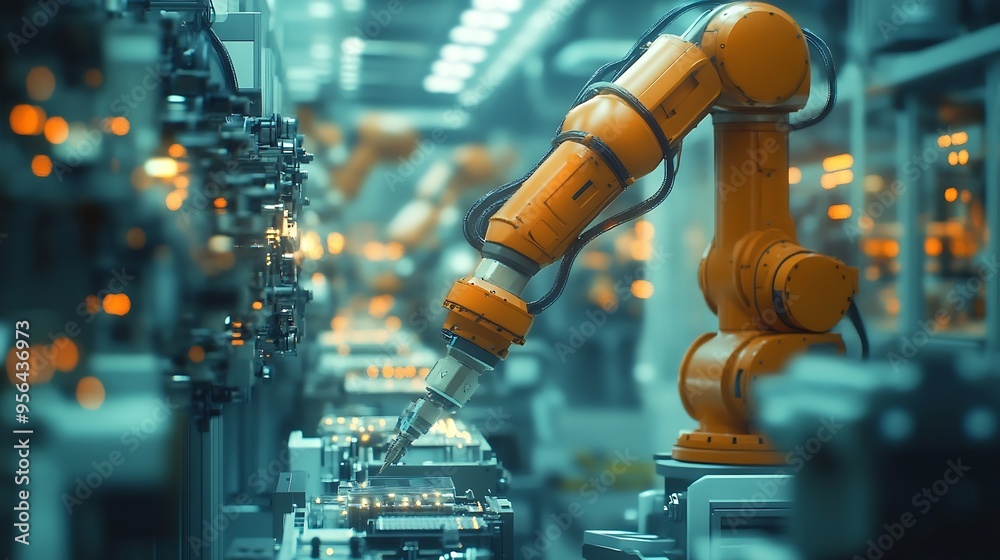 Poster Industry 40 Engineer use monitoring system software and record data of ai robotics automatic arms machine working on network in intelligent factory Ai Machine learning Digital manufact : Generative AI