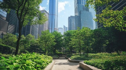 A green urban park surrounded by skyscrapers, a blend of nature and city life