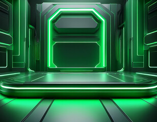 Fototapeta premium Technological Studio Background with Neon Panels in green Colors. Futuristic Podium for Product Presentation 