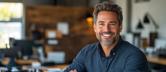 Confident Businessman Smiling in Modern Office Environment with Natural Light