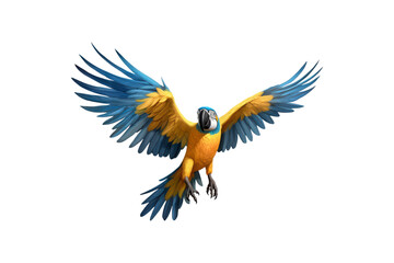Obraz premium Blue and yellow macaw midflight with spread wings. Suitable for nature, wildlife, tropical bird, and freedom concept designs