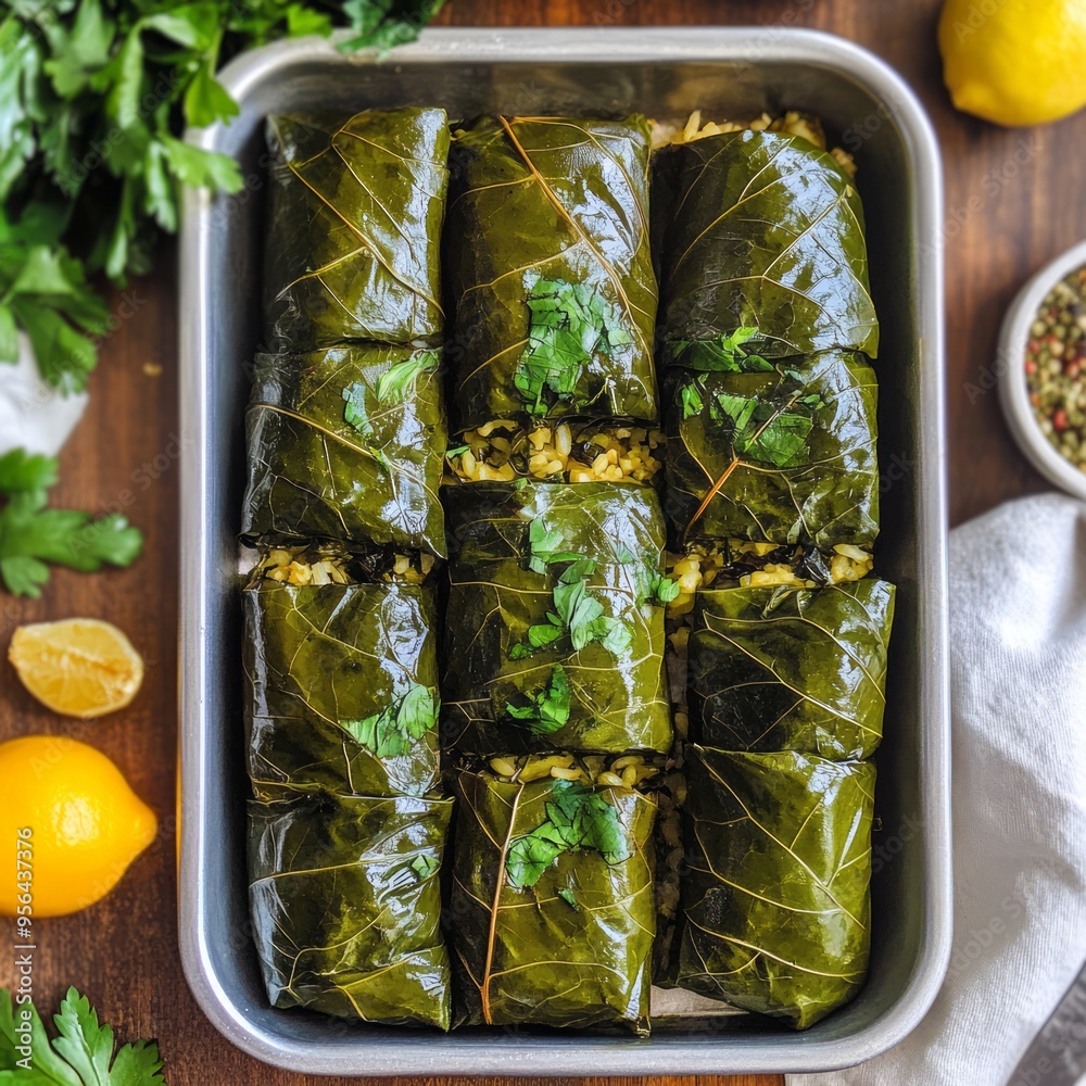 Sticker A tray of cooked grape leaves stuffed with rice and herbs, garnished with fresh parsley, next to lemons and a small bowl of spices.