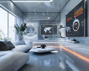 Illustration of A sleek, modern office space where executives discuss carbon credit investments, with a digital screen showcasing fluctuating values, blending environmental responsibility with economi