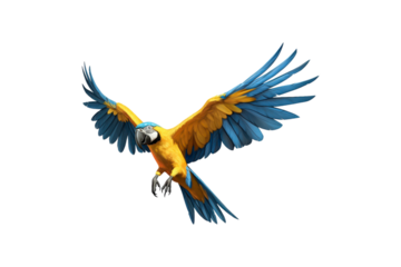 Blue and yellow macaw midflight with spread wings. Suitable for nature, wildlife, tropical bird, and freedom concept designs