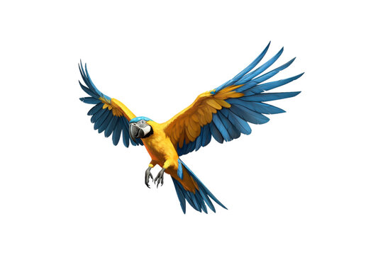 Blue and yellow macaw midflight with spread wings. Suitable for nature, wildlife, tropical bird, and freedom concept designs