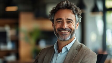 Obraz premium Confident Mature Businessman Smiling in Modern Office Environment with Natural Light