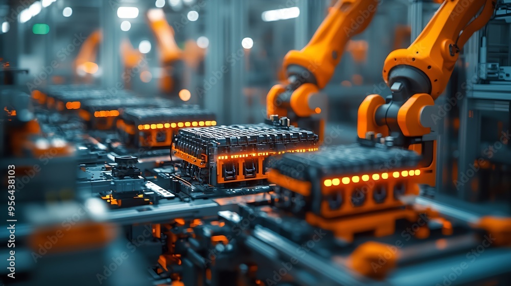 Aufkleber modern electric car automated smart factory ev battery pack production line equipped with orange adv