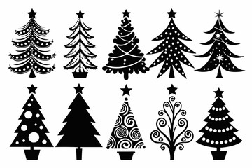 Christmas trees silhouettes set isolated on white background, collection of christmas new year trees vector icon illustration