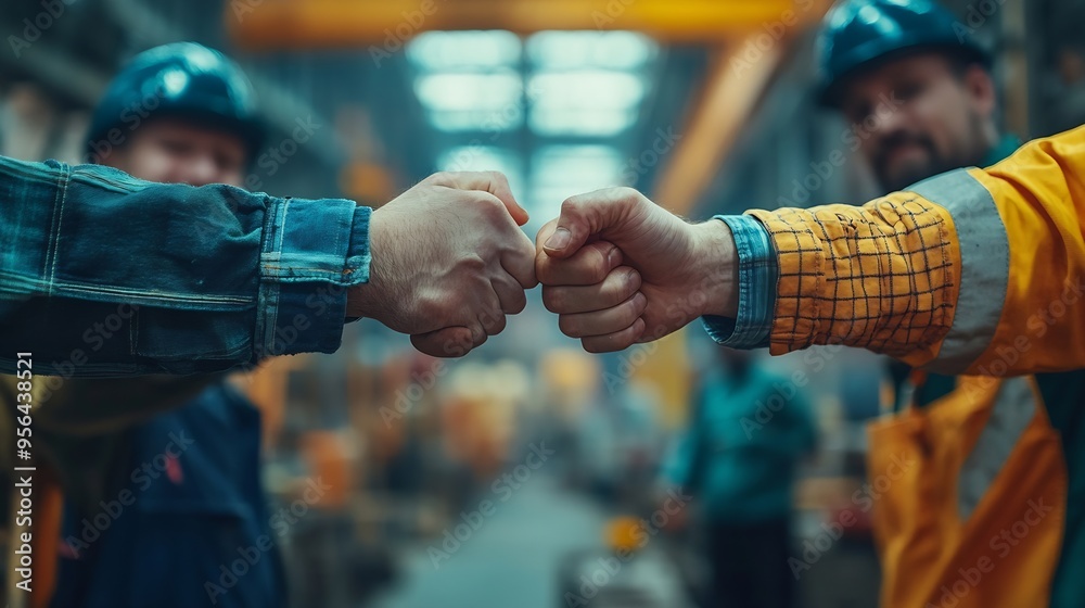Fototapete Group of industrial factory workers bumping fists togethershowing gesture for teamwork or unity : Generative AI