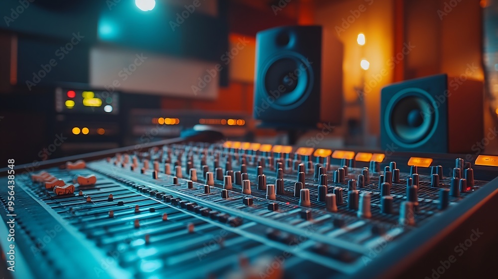 Aufkleber Empty studio at home equipped with mixing soundboard panel and other musical instruments music industry recording Modern space with electronic controls and daw software on pc Camera A : Generative AI