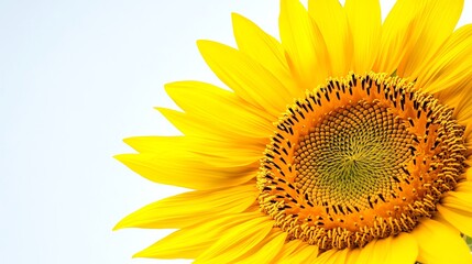 Fototapeta premium Closeup of a bright yellow sunflower against a blue sky.