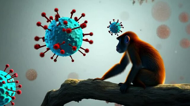 A monkey interacts with large virus particles, symbolizing the concept of monkeypox in animals. The visual emphasizes the connection between animals and diseases. Copy space