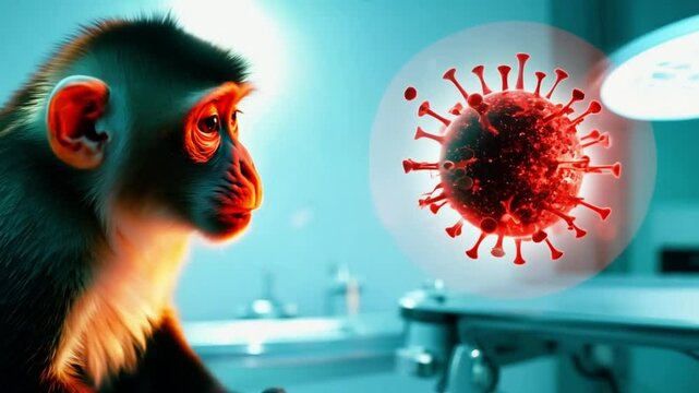 A monkey and a virus in a modern laboratory setting. Vaccine research. Study of viruses in animals, focusing on monkeypox, highlighting the disease and its impact.