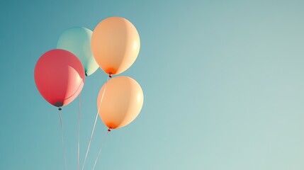 Three colorful balloons float in a bright blue sky.