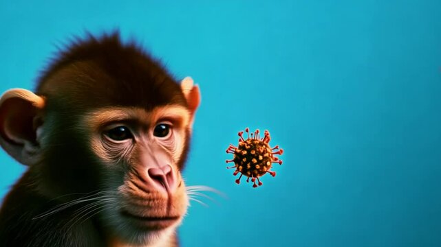 A monkey observes a virus particle against a blue background, symbolizing the study of diseases in animals with a focus on monkeypox. Copy space 