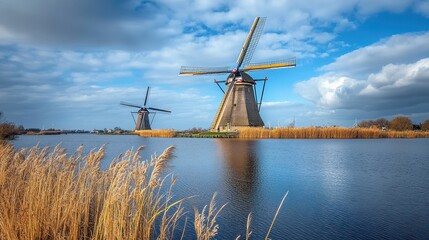 Picturesque Windmills by the Water on a Sunny Day with Blue Sky and Clouds