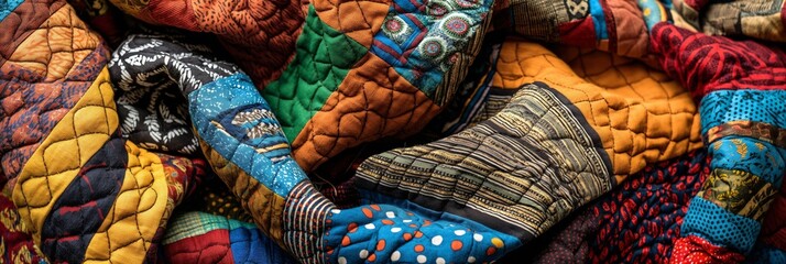 This image showcases a vibrant and colorful patchwork quilt made up of various patterns and fabric pieces, highlighting the creativity and craftsmanship involved in its making.