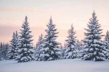 Naklejka premium A serene winter landscape featuring snow-covered trees under a pastel sky.